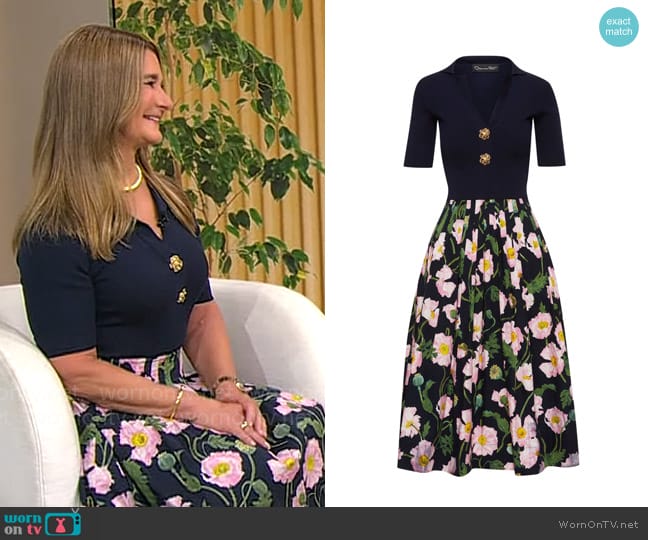 Oscar de la Renta Painted Poppies-print V-neck midi dress worn by Melinda French Gates on CBS Mornings