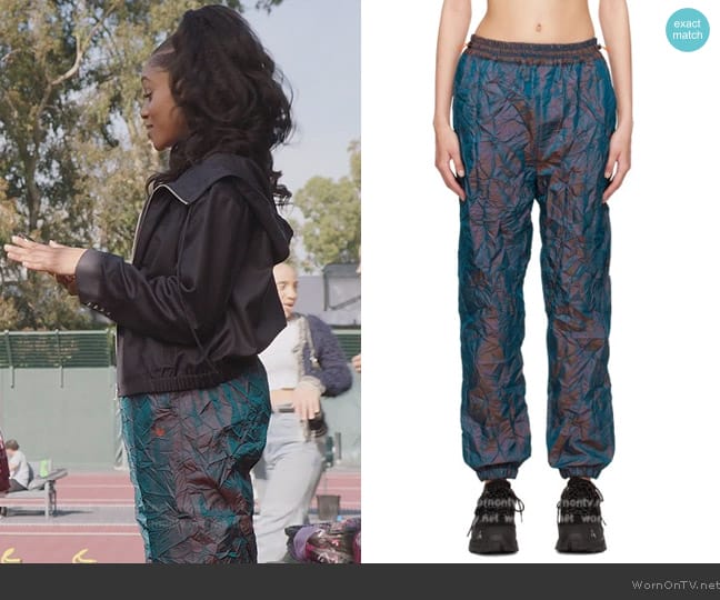 Giuseppe Zanotti Blue and Purple Crinkle Track Pants worn by Simone (Geffri Hightower) on All American Homecoming