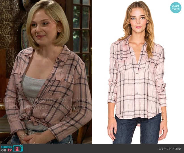 Paige Mya Plaid Shirt in Rosette Steel Grey worn by Lucy Romalotti (Lily Brooks O’ Briant) on The Young and the Restless