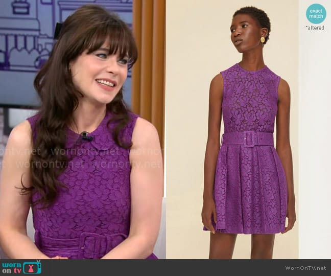 Patou Pleated mini dress in eco lace in Anemone worn by Zooey Deschanel on CBS Mornings