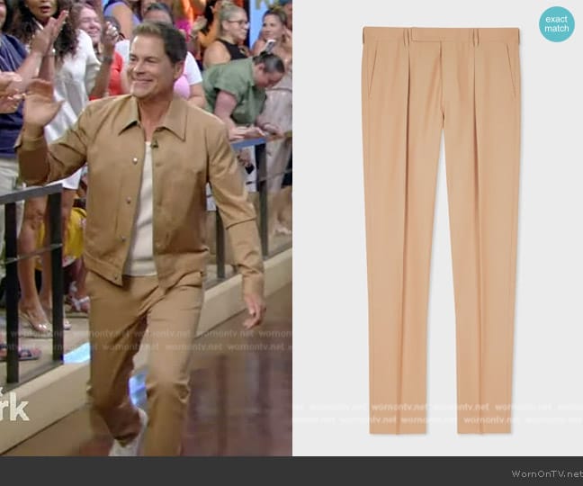 Paul Smith Tapered-Fit Tan Wool-Cotton Pleated Trousers worn by Rob Lowe on Live with Kelly and Mark