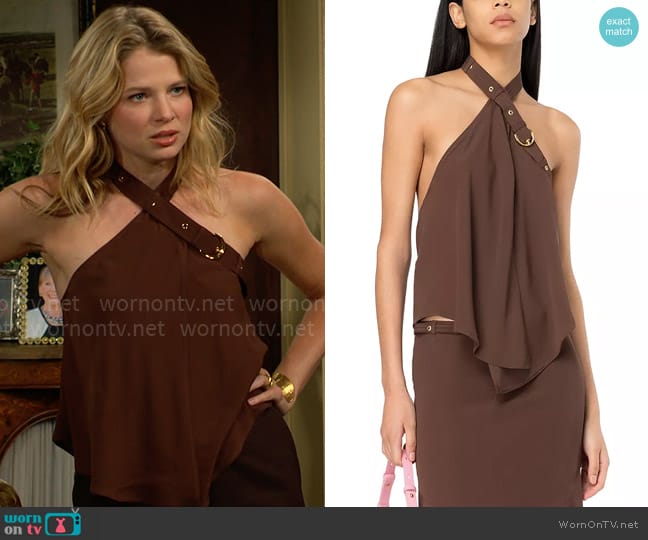 Pinko Tantalo Buckle Trim Halter Top worn by Summer Newman (Allison Lanier) on The Young and the Restless