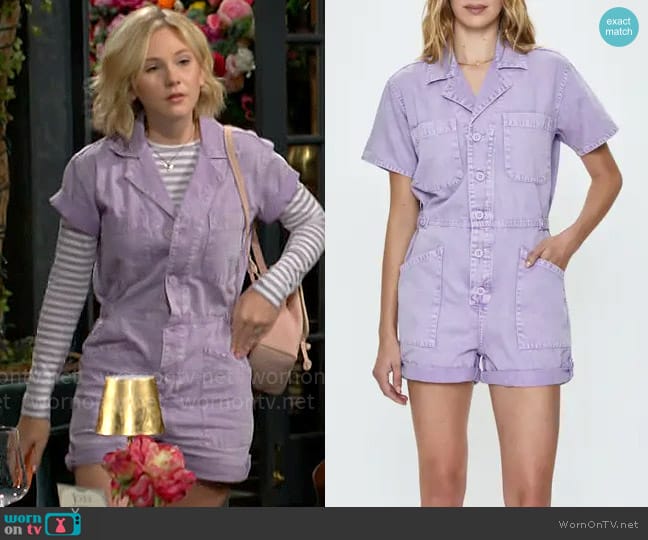 Pistola Parker Romper in Purple Amethyst Snow worn by Lucy Romalotti (Lily Brooks O’ Briant) on The Young and the Restless