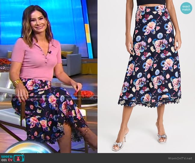 Rabanne Floral Skirt in Navy Neon Flowers worn by Rebecca Jarvis on Good Morning America