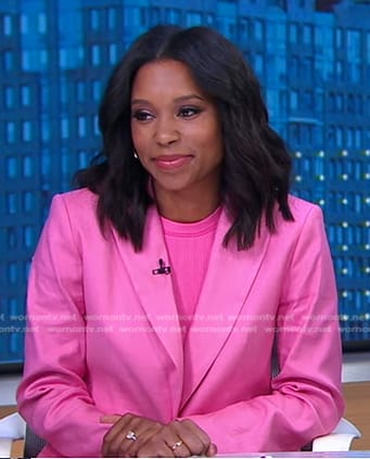 Rachel's pink ribbed top and blazer on Good Morning America