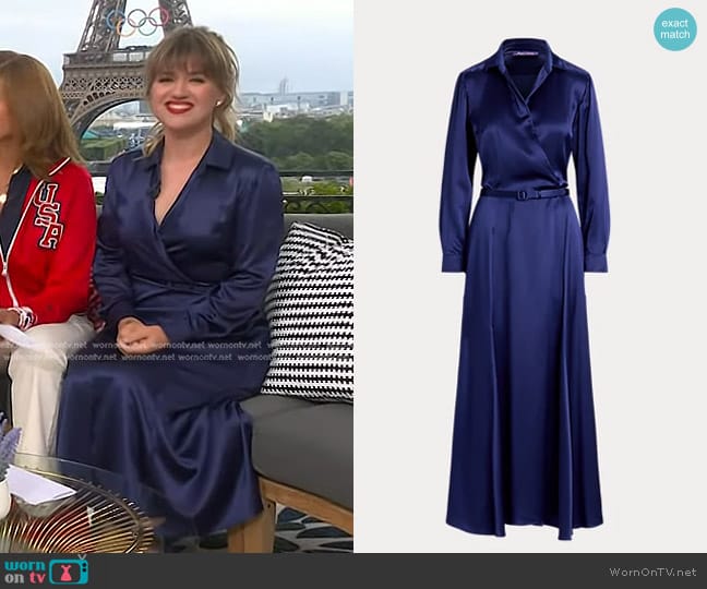 Ralph Lauren Collection Aniyah Silk Satin Day Dress in Dark Sapphire worn by Kelly Clarkson on Today