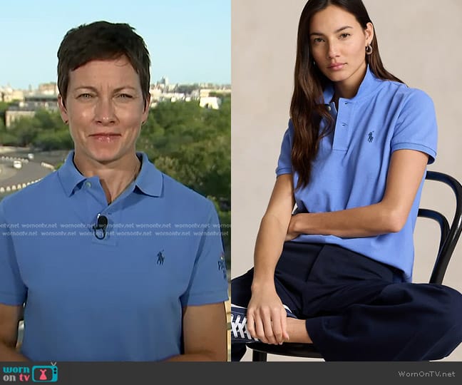 Ralph Lauren Classic Fit Mesh Polo Shirt in Harbor Island Blue worn by Stephanie Gosk on NBC News Daily