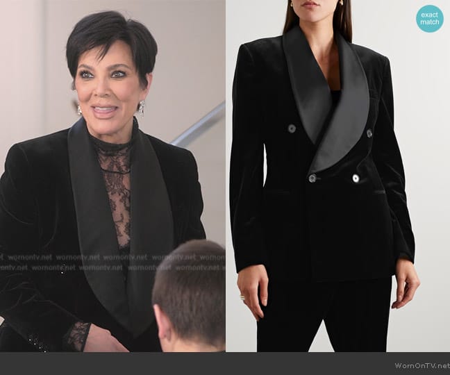 Ralph Lauren Gregory double-breasted satin-trimmed velvet blazer worn by Kris Jenner (Kris Jenner) on The Kardashians