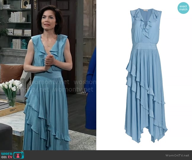 Ramy Brook Hadlee Dress in Blue Quartz worn by Elizabeth Webber (Rebecca Herbst) on General Hospital