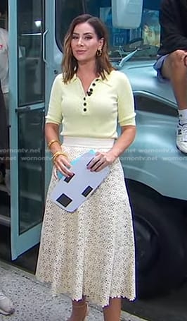 Rebecca's yellow polo and white floral leather skirt on Good Morning America