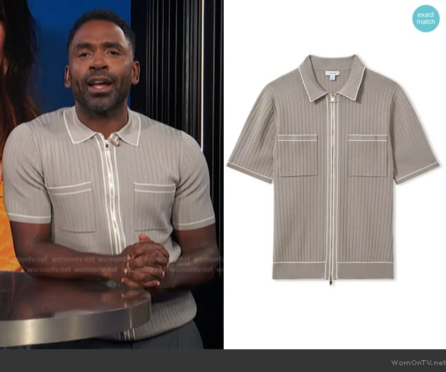 Reiss Christophe Rib Zip-Up Polo Sweater worn by Justin Sylvester on E! News