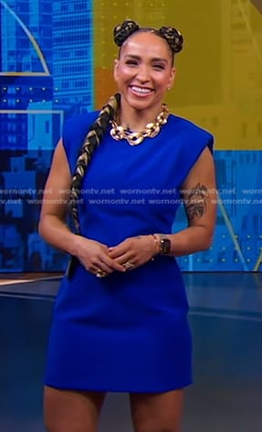 Robin Arzón's blue strong shoulder mini dress on Good Morning America