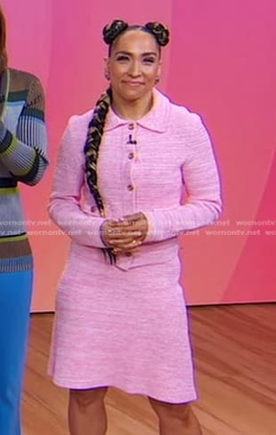 Robin Arzón's pink knit jacket and skirt on Good Morning America