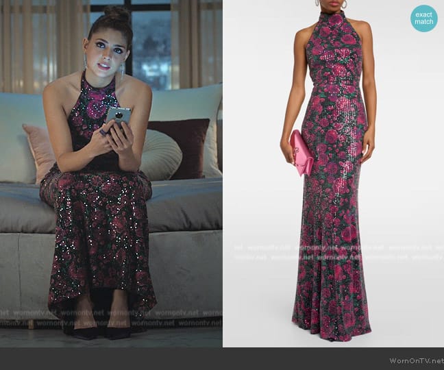 Rotate Sequined halterneck maxi dress worn by Sara (Carmen Arrufat Blasco) on Elite