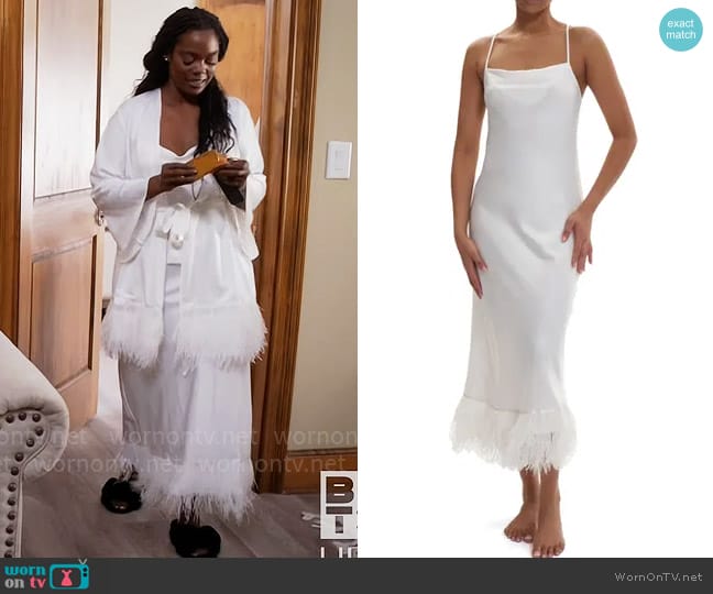 Rya Collection Swan Ostrich Feather Trim Charmeuse Nightgown worn by Sabrina Hollins (Novi Brown) on Tyler Perrys Sistas