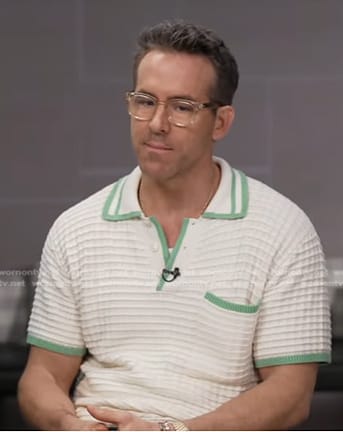 Ryan Reynolds's white contrast trim waffle polo shirt on Good Morning America