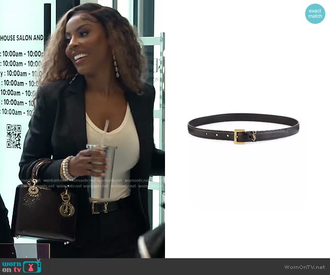 Saint Laurent Cassandre Thin Belt with Square Buckle in Grained Leather worn by Caroline Brooks (Caroline Brooks) on The Real Housewives of Dubai