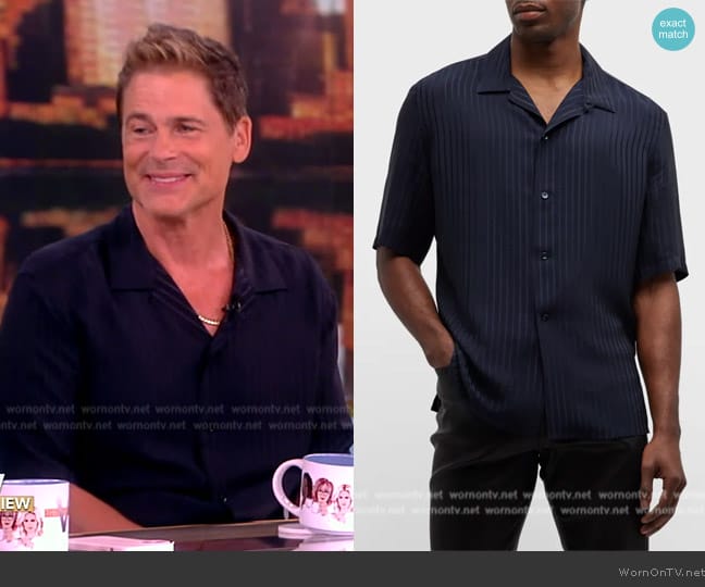 Saint Laurent Shark-collar Shirt in Matte and Shiny Striped Silk worn by Rob Lowe on The View