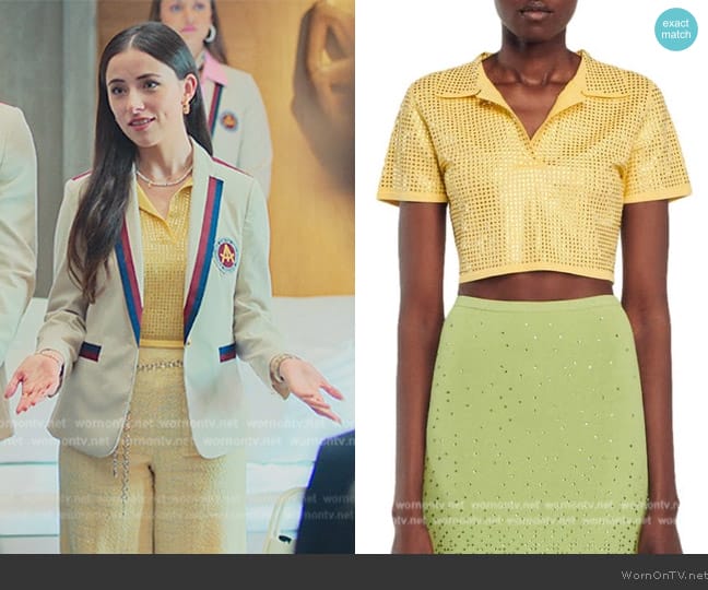 Sandro Vierge Embellished Crop Knit Polo Shirt In Yellow worn by Emilia Krawiet (Ane Rot) on Elite