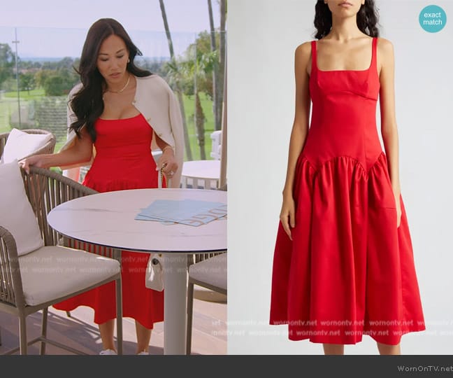 Sandy Liang Cricket Cutout Pleated Midi Dress worn by Katie Ginella on The Real Housewives of Orange County