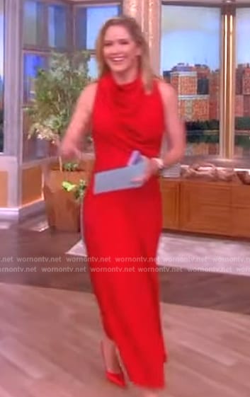 Sara’s red satin drape neck dress on The View