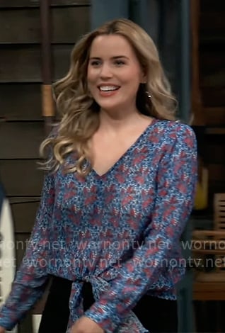 Sasha’s blue and red printed tie hem top on General Hospital