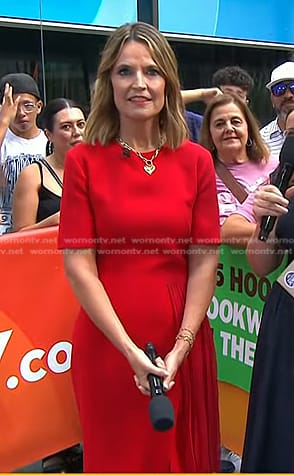 Savannah's red short sleeve pleated dress on Today