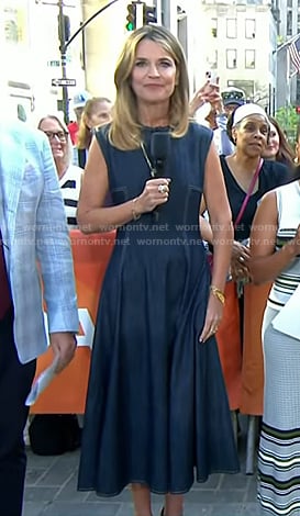 Savannah's denim midi dress with white stitching on Today