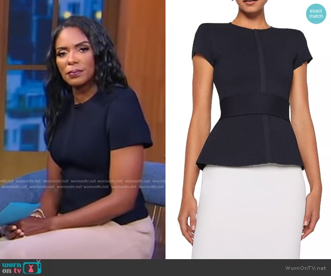 Scanlan Theodore Belted Crepe Knit Jacket in navy worn by Dr. Jessica Shepherd on Good Morning America