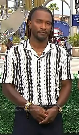 Scott's black and white stripe open knit shirt on Access Hollywood