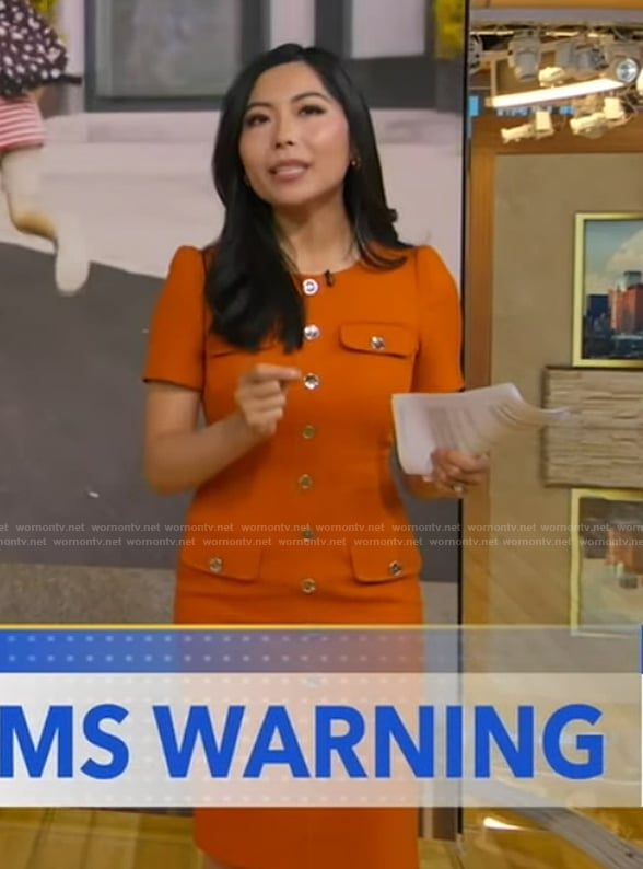Selina Wang's orange button front sheath dress on Good Morning America