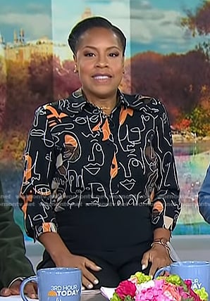 Sheinelle's black face print blouse on Today