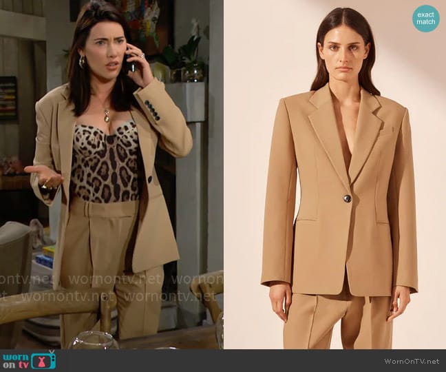 Shona Joy Irena Blazer in Wheat worn by Steffy Forrester (Jacqueline MacInnes Wood) on The Bold and the Beautiful