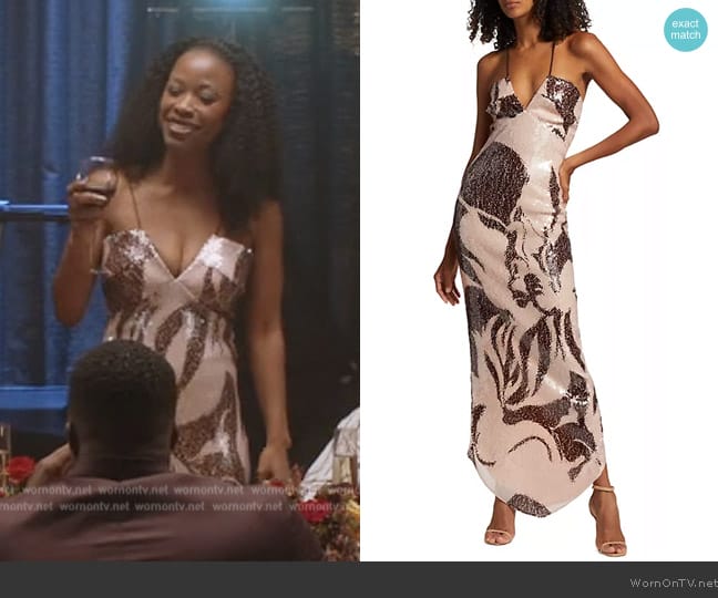 Silvia Tcherassi Lisseth Floral Sequined Sleeveless Maxi Dress worn by Grace James (Karimah Westbrook) on All American