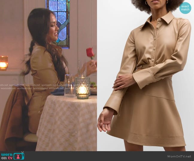 Simkhai Elias Long-Sleeve Vegan Leather Mini Dress in Thorn worn by Jenn Tran on The Bachelorette