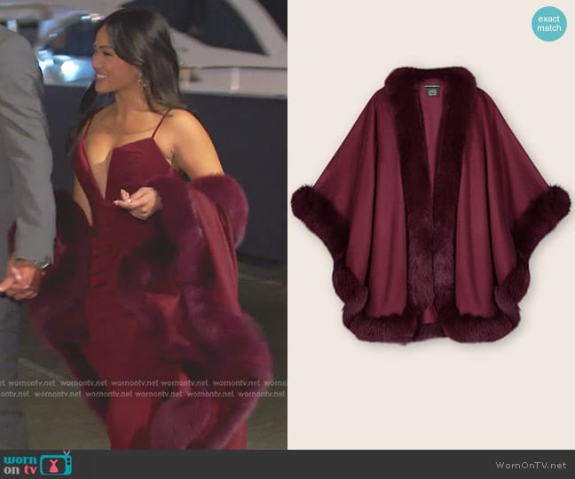 Sofia Cashmere Cervinia Fur Trimmed Cashmere Cape Classic Length in Plum worn by Jenn Tran on The Bachelorette