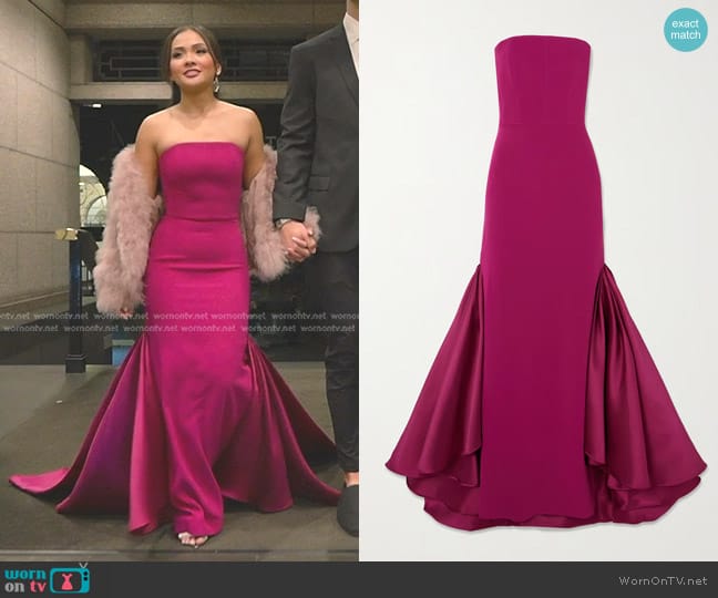 Solace London Jodi Strapless Crepe and Satin-twill Gown in Fuchsia worn by Jenn Tran on The Bachelorette