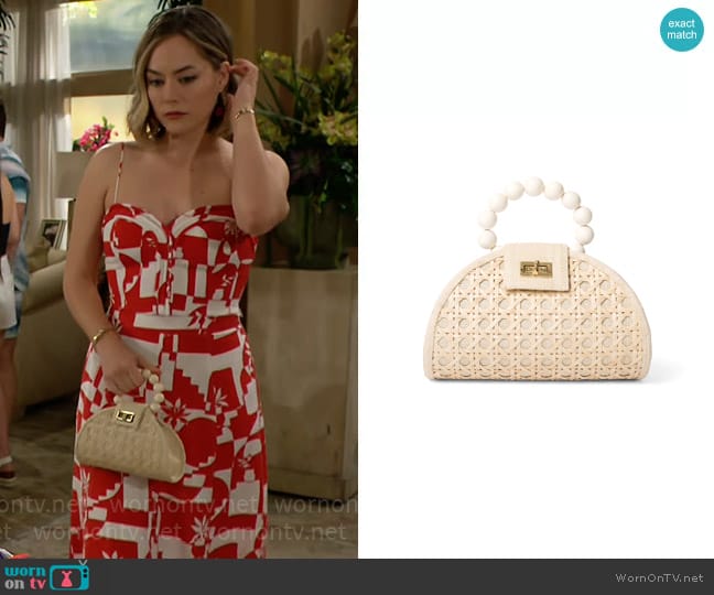 Soli & Sun The Bella White & Cream Rattan Woven Handbag worn by Hope Logan (Annika Noelle) on The Bold and the Beautiful