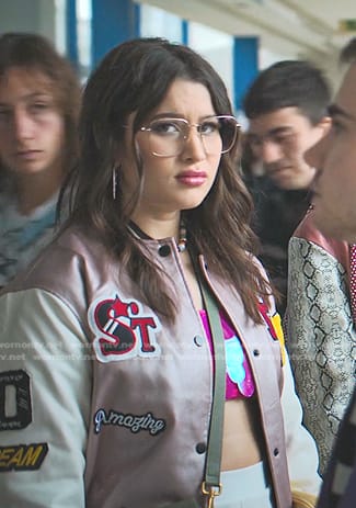 Sonia’s pink patch varsity jacket on Elite