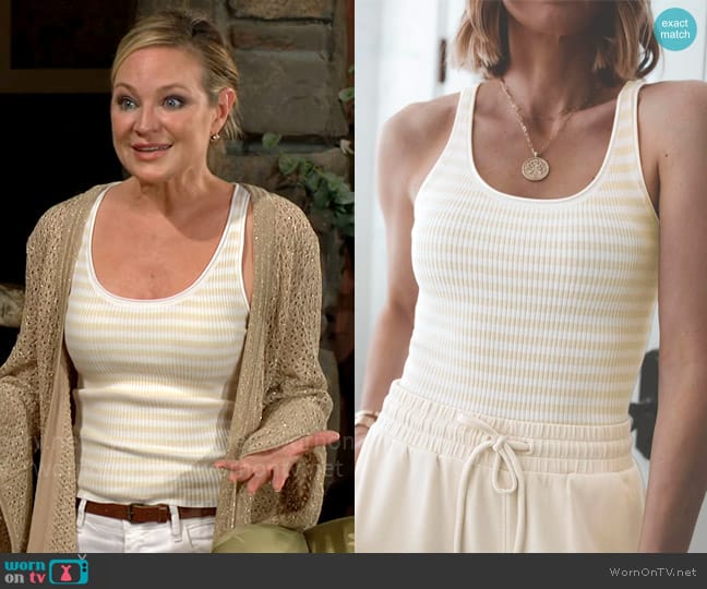 Splendid Striped Rib Sweater Tank in Stone / White worn by Sharon Newman (Sharon Case) on The Young and the Restless