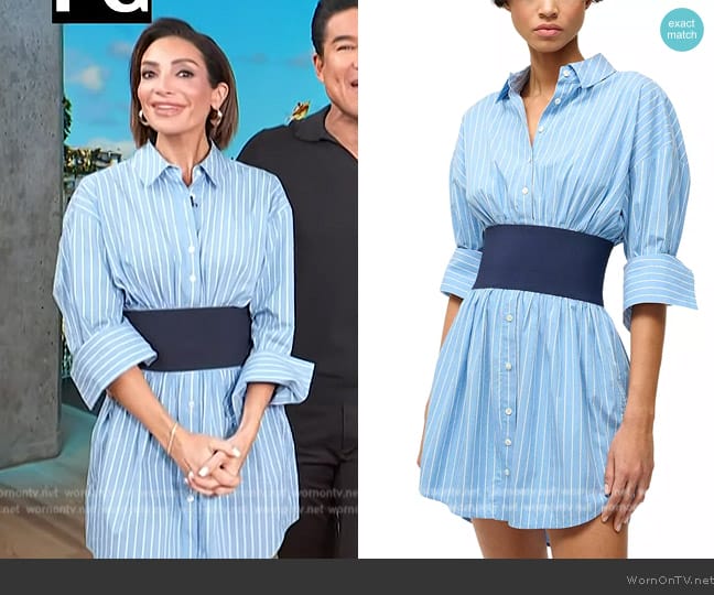 Staud Michelle Pinstripe Cotton Poplin Mini Dress worn by Courtney Lopez on Access Hollywood