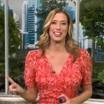 Stephanie Abrams’ red short sleeve ruched dress on CBS Mornings