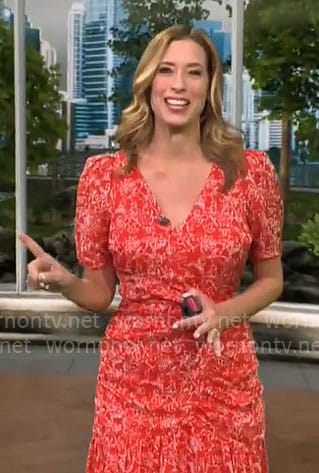 Stephanie Abrams' red short sleeve ruched dress on CBS Mornings