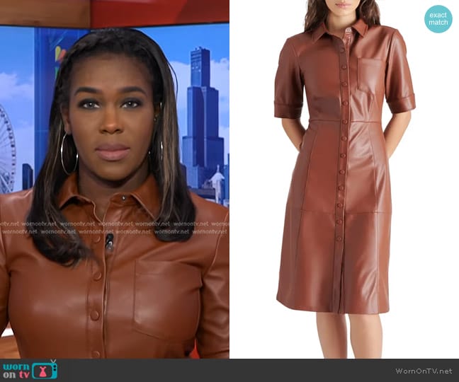 Steve Madden Laken Faux Leather Shirtdress in Cognac worn by Adrienne Broaddus on NBC News Daily