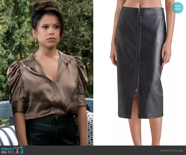 Steve Madden Hayes Faux Leather Midi Skirt worn by Alison 'Blaze' Rogers (Jacqueline Grace Lopez) on General Hospital