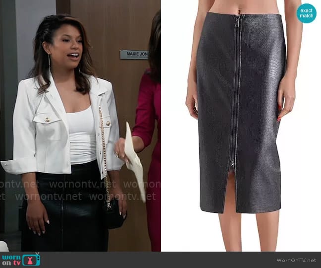 Steve Madden Hayes Faux Leather Midi Skirt worn by Alison 'Blaze' Rogers (Jacqueline Grace Lopez) on General Hospital