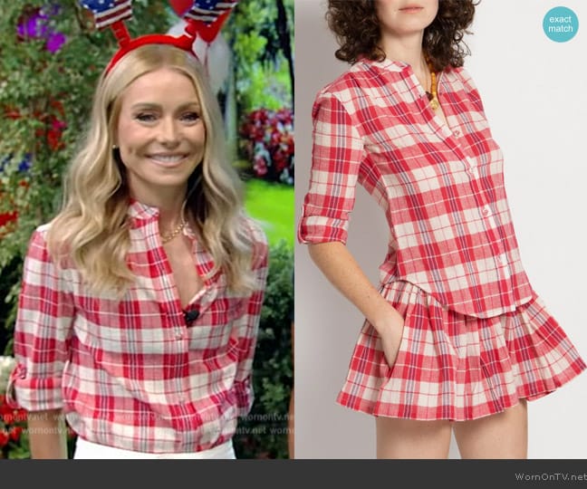 Suzie Kondi The Koubi Blouse in Plaid Gauze worn by Kelly Ripa on Live with Kelly and Mark