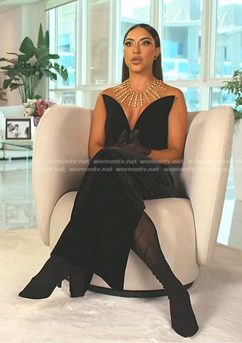 Taleen's black velvet confessional dress on The Real Housewives of Dubai