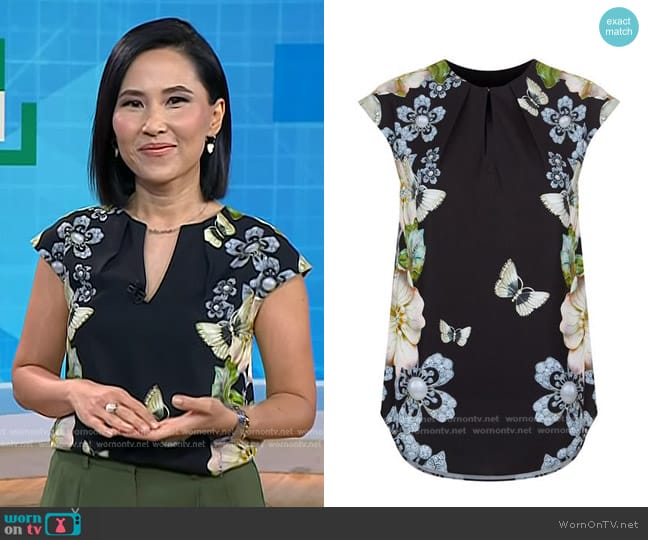 Ted Baker Veeni Gem Gardens Printed Stretch-jersey T-shirt in Black worn by Vicky Nguyen on Today