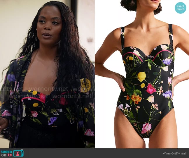 Ted Baker Saffiey Floral Print One Piece Swimsuit worn by Sabrina Hollins (Novi Brown) on Tyler Perrys Sistas